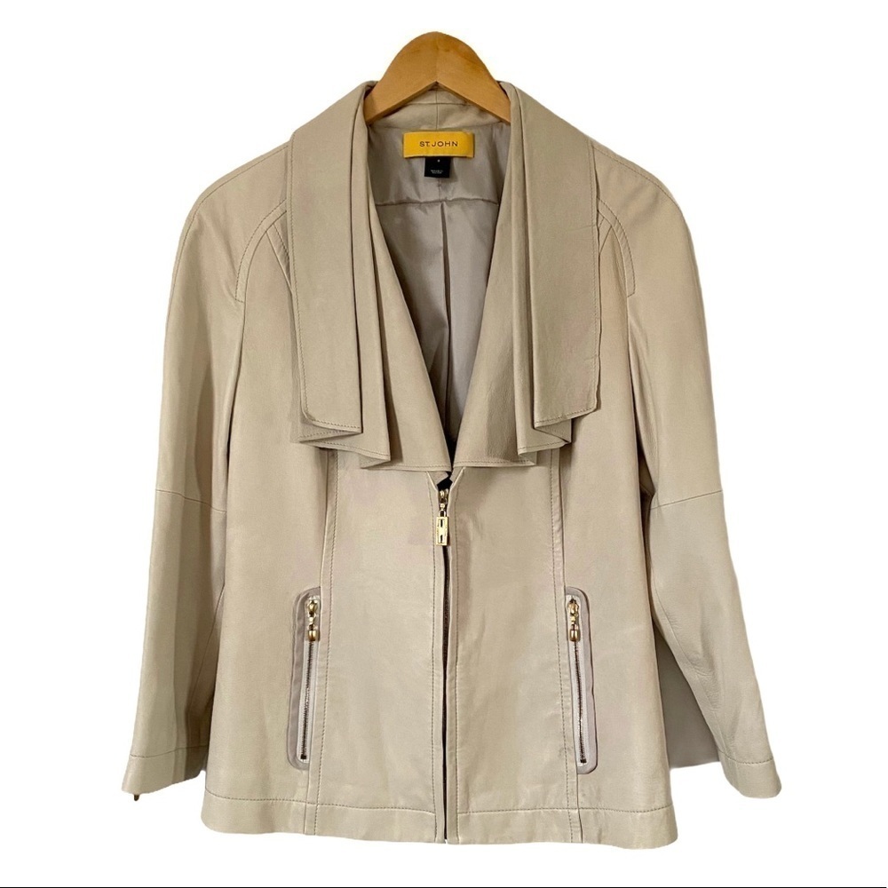 St. John Lambskin Leather Jacket‎ Cream Ecru Coat Lamb Old Money Womens Medium